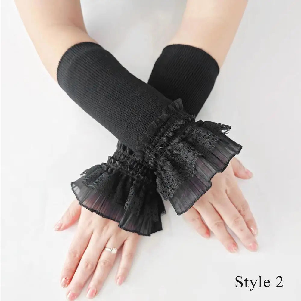Women Sweater Fake Sleeves Hollow Out Crochet Floral Lace Horn Cuffs Embroidery Ruffles Elastic Wrist Warmers Lolita False Cuffs