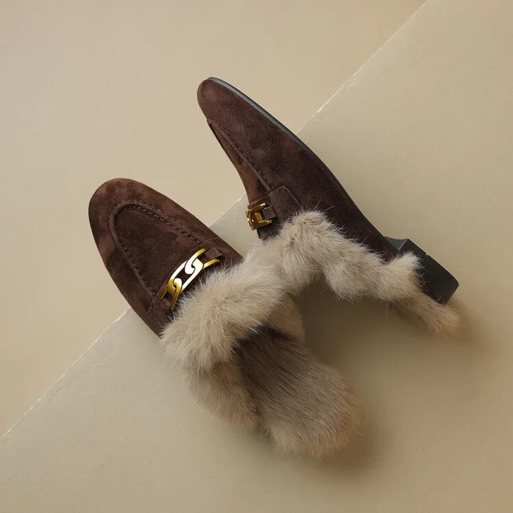 2023 Winter Sheep Suede Women Shoes Rabbit Hair Mules Shoes for Women Round Toe Low Heel Slippers Chunky Heel Cover Toe Slippers