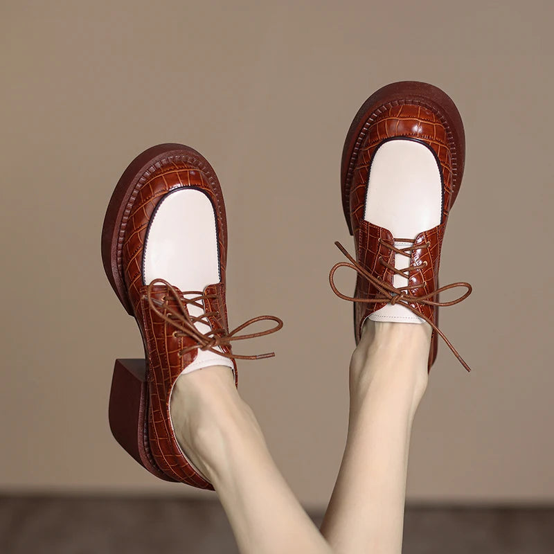 2024 New Spring Genuine Leather Women Shoes Casual Lace-up Loafers Round Toe Platform Shoes Shoes Woman Zapatos De Mujer Women
