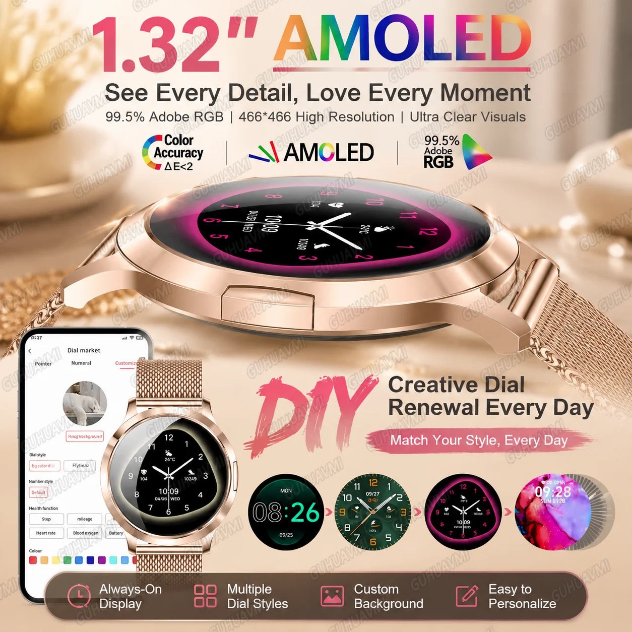 2026New Smart Watch 1.32”AMOLED Ultra-thin Display 100+Sports modes Blood Pressure Waterproof Bluetooth call Bracelet Women Gift
