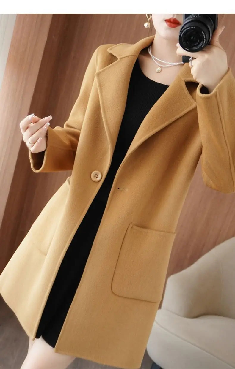 100% Pure Wool Double-Sided Cashmere Jacket Women Overcoat  Autumn Winter New Mid-Length One-Button Slim Wool Windbreakers coat