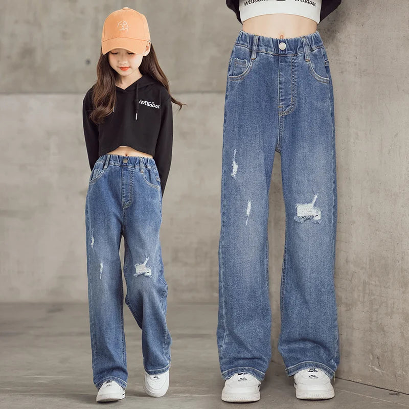 2024 Spring Summer Jeans Teenage Fashion Wide Leg Pants Baby Girls Casual Style Trousers Children Loose Comfortable Blue Pants