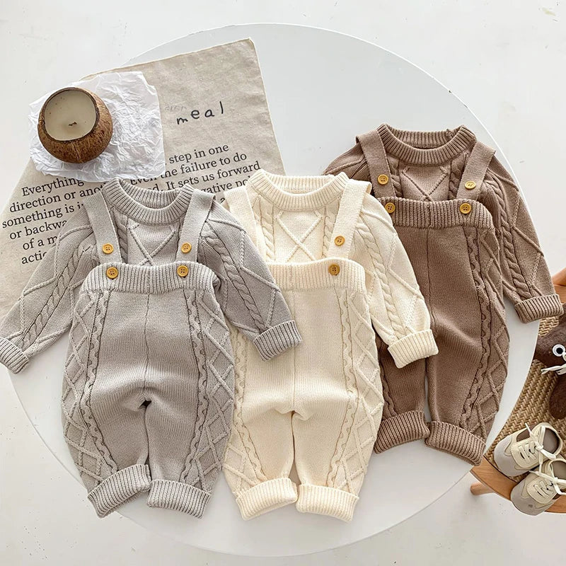 Otoño primavera estilo coreano recién nacido niñas niños Color sólido tejido ropa conjunto suéter general niños ropa traje