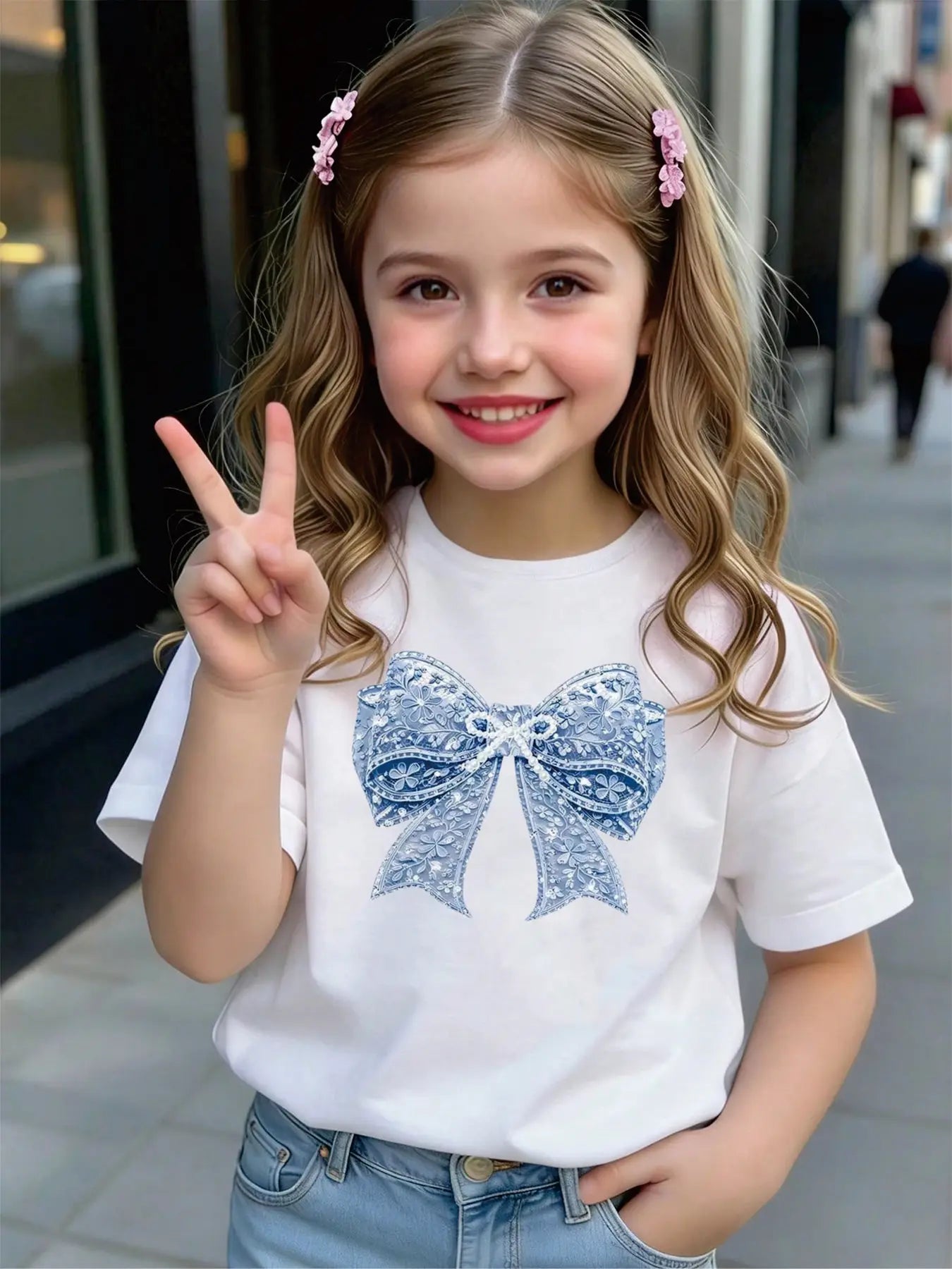 Kids Girls T-Shirt, Elegant Blue Lace Bow Print Short Sleeve Casual Cotton Top for Summer Daily Wear