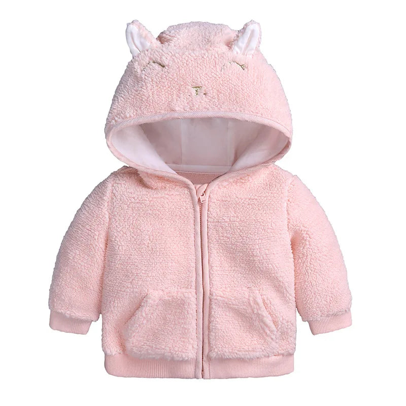 Winter Newborn Infant Baby Boys Girls Cartoon Ear Hooded Pullover Tops Warm Clothes Candy Color Coat Kids Clothing Cute