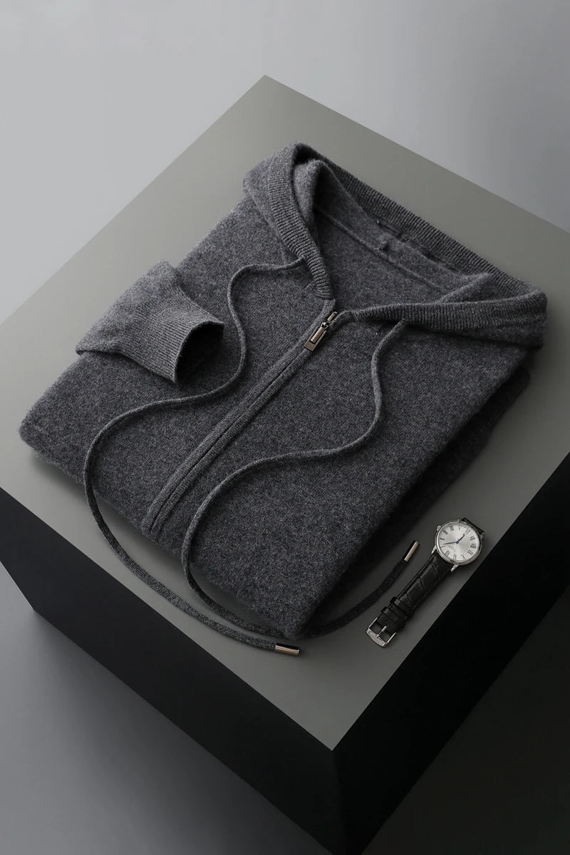 2025 New Men Knitted Plane Hooded Cardigan Cashmere Sweater Zipper Design Pocket Decoration High quality Thick Warmth Hoodie