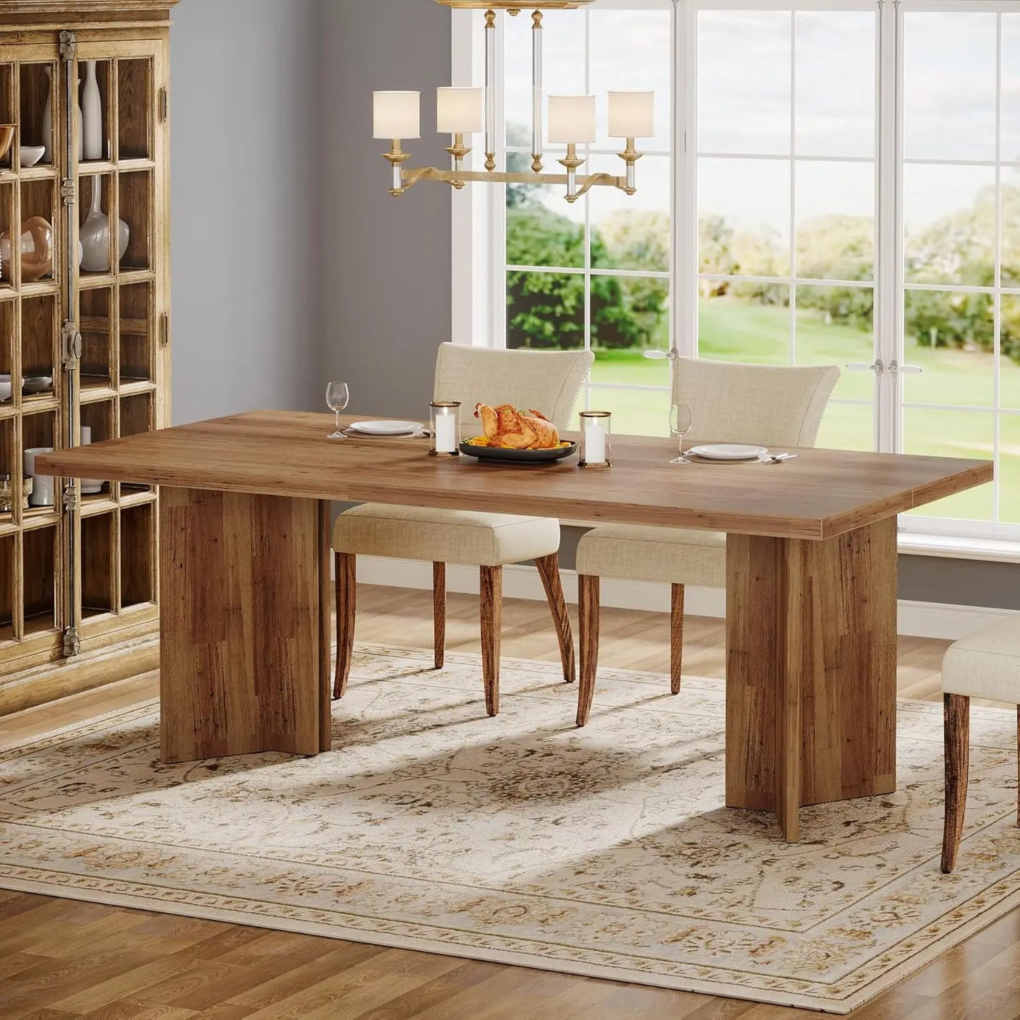 Farmhouse Dining Table for 4 to 6 People, 63-inch Rectangle Wooden Kitchen Table with Large Tabletop and Heavy Duty, Customized