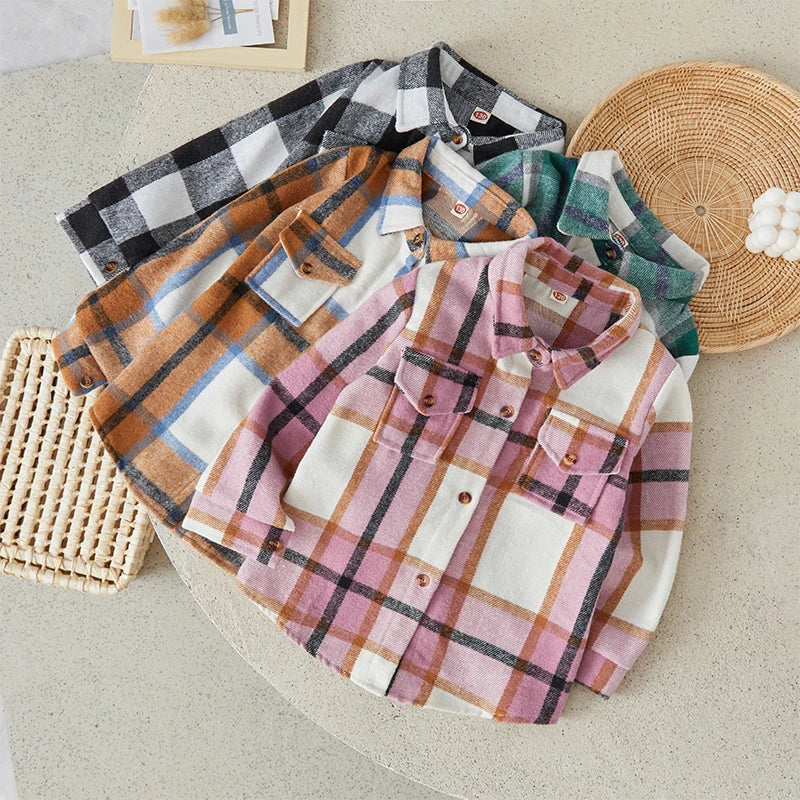 Suefunskry Kids Baby Boy Girl Cotton Plaid Shirt Jacket Casual Lapel Long Sleeve Button Up Cardigan Autumn Winter Warm Outwear