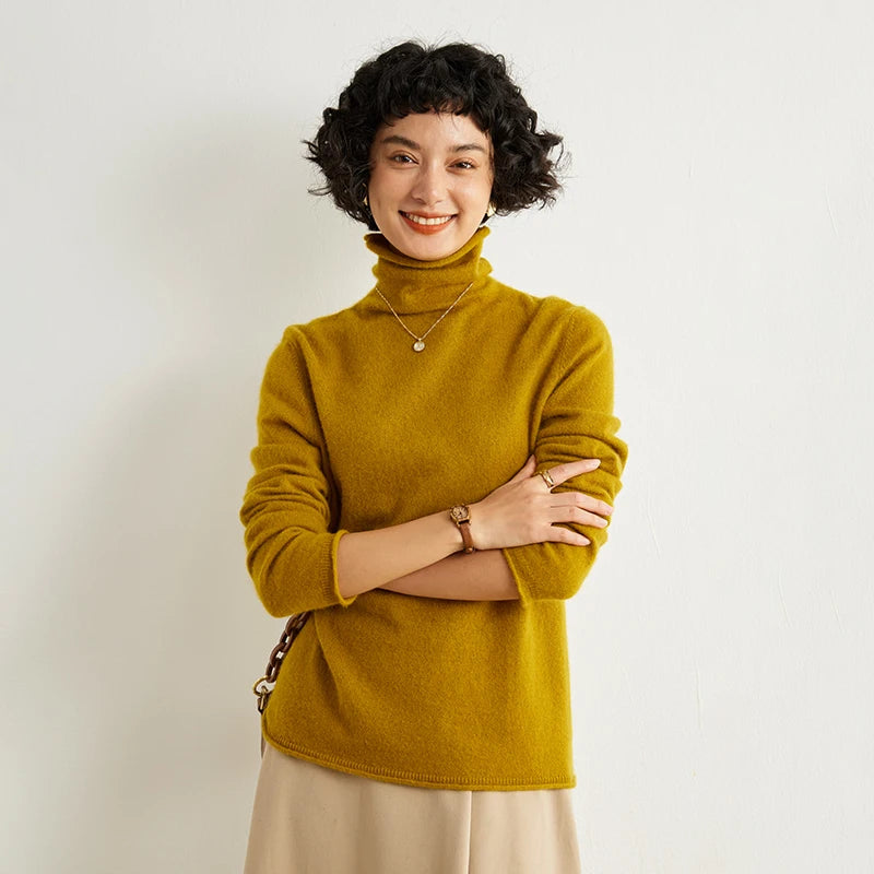 Women's 100% Cashmere Sweater Casual Solid Color Knitted Pullover Loose High Neck Jumper Autumn/Winter Warm Blouse Tops