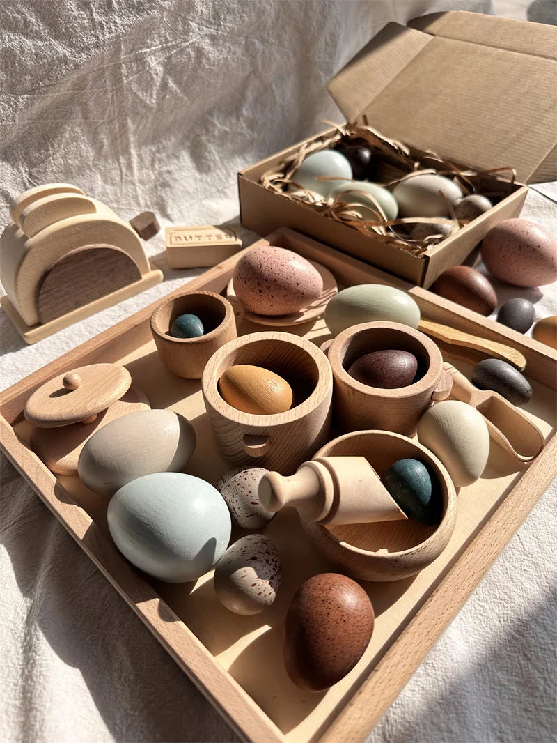 Kids Montessori Wood Toys Wooden Eggs Unpaint Sensory Kitchen Bowl Teapot Cups Toaster Baguette Early Learning Gift