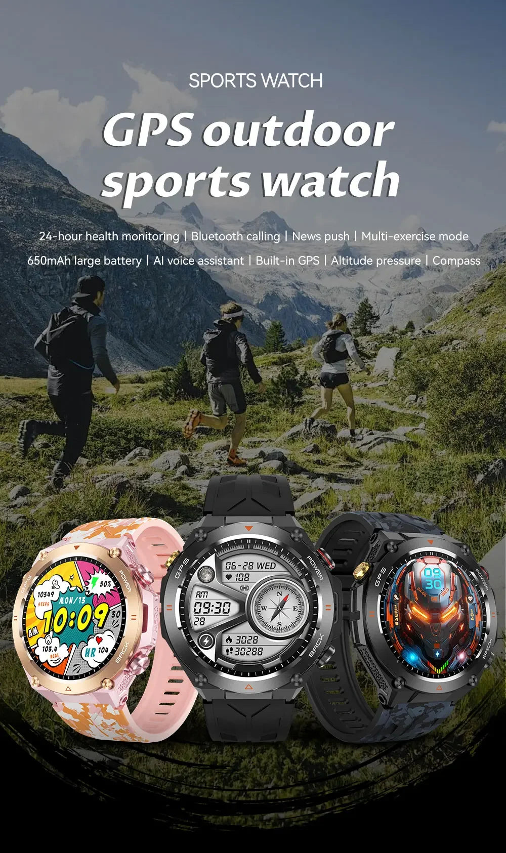 2024 New GPS Sports Smart Watch Compass Flashlight Outdoors 1ATM Waterproof Watches HD Bluetooth Call Voice Assistant Smartwatch