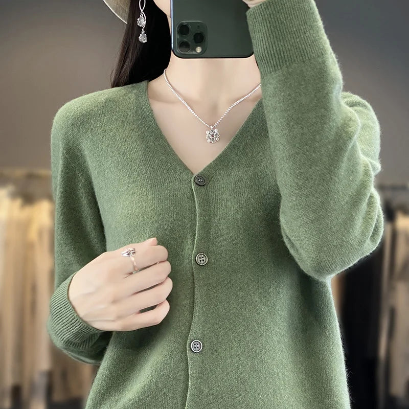 New Fashion Spring Autumn 100% Merino Wool Women's V-neck Cardigan Cashmere Sweater 2024 Female Knitwear Clothing Korean Tops
