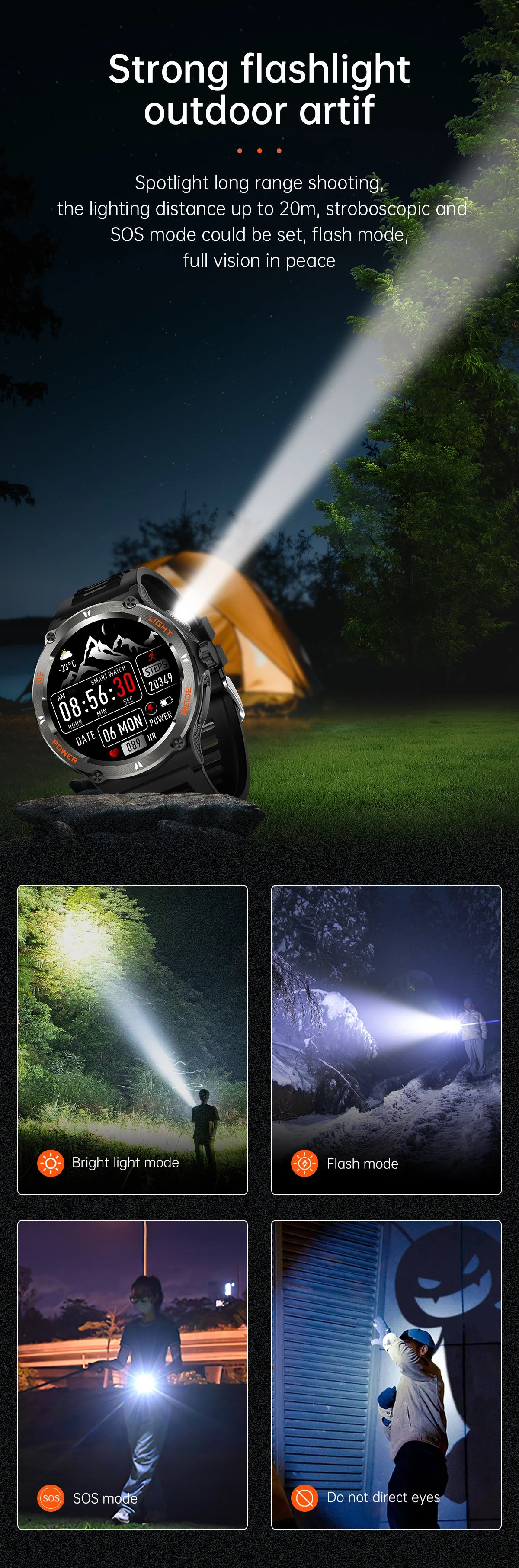 High End Military Smart Watch Men 2024 3ATM Waterproof LED Flashlight Original Design Sports Watches With Compass 500mAh Battery