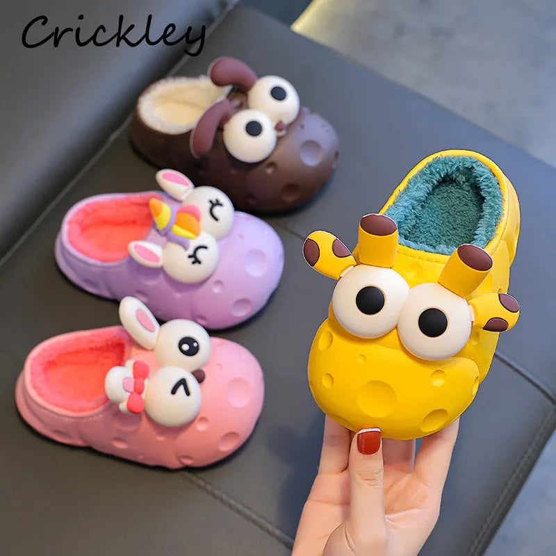 Animals Kids Slippers Winter Unicorn Giraffe Floor Warm Plush Boys Girls Slippers PVC Waterproof Non Slip Children Home Shoes