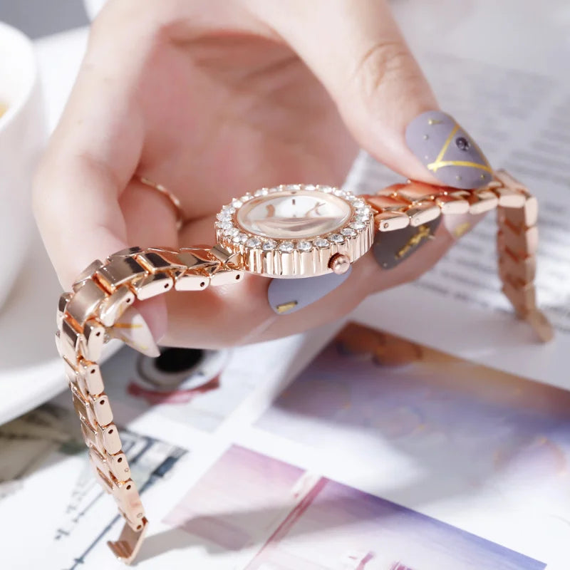 2PCS Set Luxury Alloy Bracelet Quartz Watch with Rhinestone Diamond Dial, Hidden Clasp for Women reloj mujer