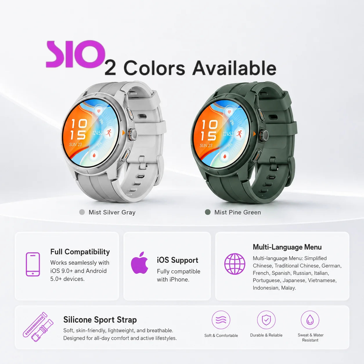 SIO GTR6 Smart Watch with AMOLED Screen, Bluetooth Call, Heart Rate & SpO2 Monitor, Magnetic Charging, iOS/Android Compatible