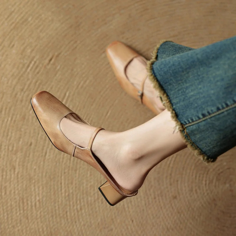 2026 New Summer Women Mules Genuine Leather Women Shoes Squared Toe med Heel Cover Toe Slingback Shallow Modern Slippers