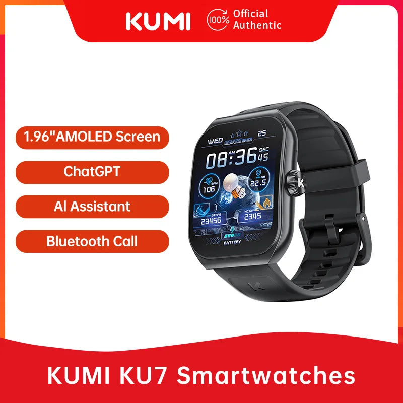 KUMI KU7 Smartwatch Bluetooth 5.2 Heart Rate Blood Pressure Oxygen 1.96 inch Monitor Waterproof Smart watch for iOS Android