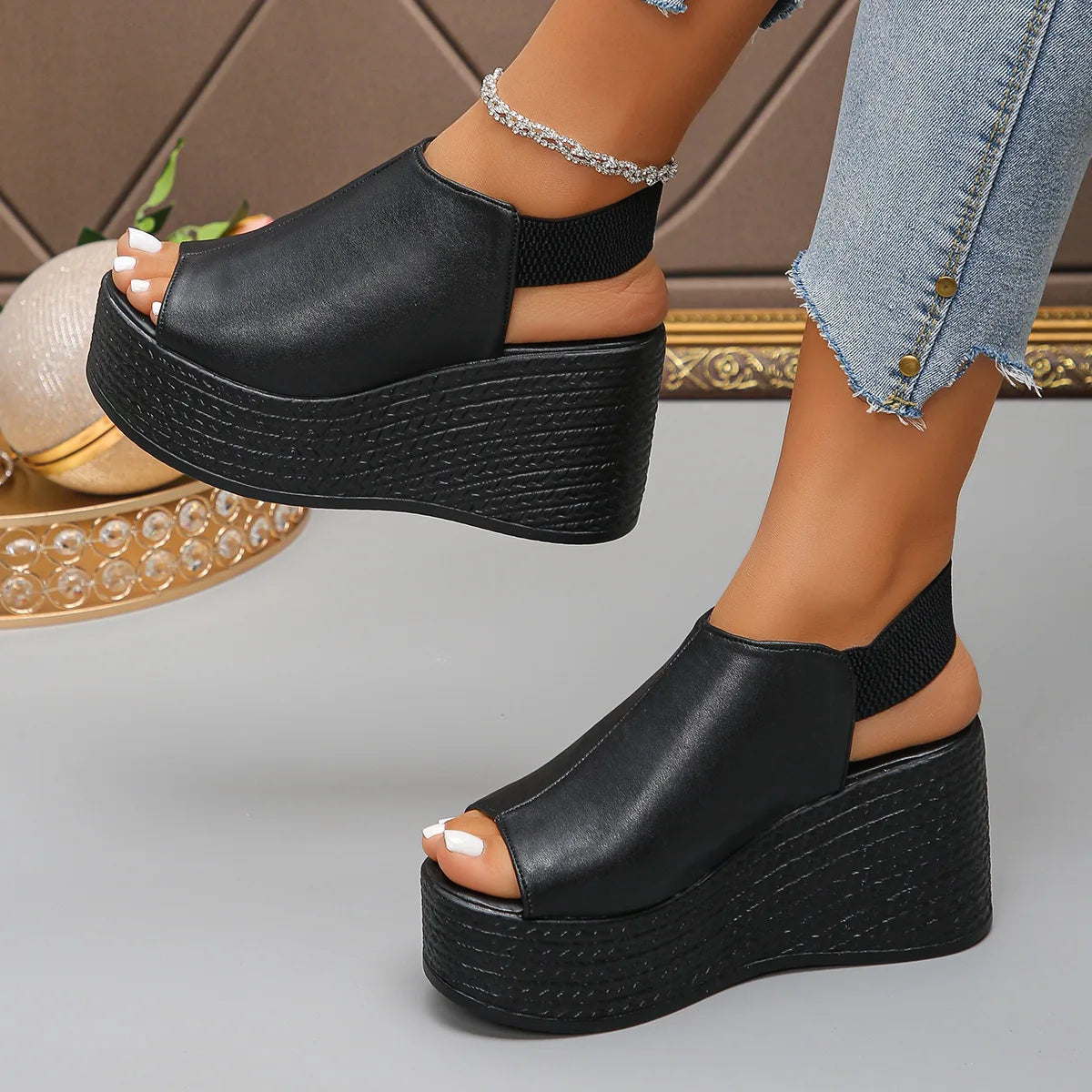Women Sandals High Quality Summer Leather Wedge Sandals Women  New Platform High Heels Shoes Sexy Open Toe Elegant Sandals
