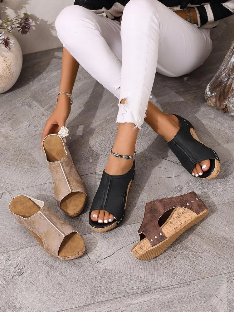 Women's Fashion Wedge Sandals Cork Platform Mules Open Toe Studded Slide Sandals Casual Summer High Heel Slides for Women Ladies