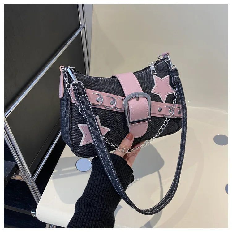 Y2k Hot Girls Denim Shoulder Bags Retro Rivet Star Women's Underarm Bag Portable Female Chain Armpit Bag Small Purse Handbags