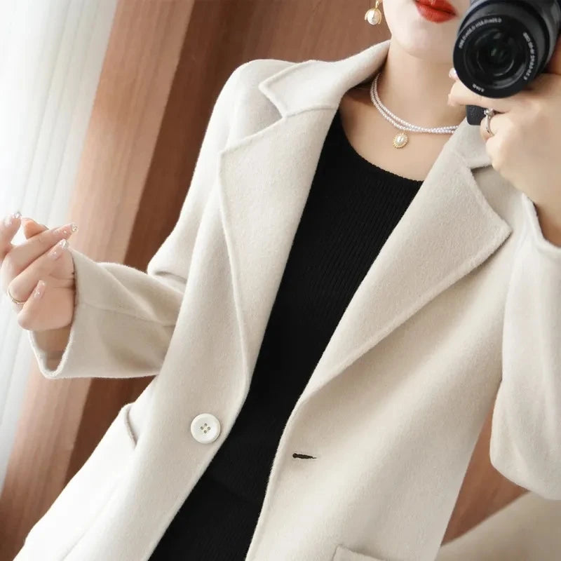 100% Pure Wool Double-Sided Cashmere Jacket Women Overcoat  Autumn Winter New Mid-Length One-Button Slim Wool Windbreakers coat