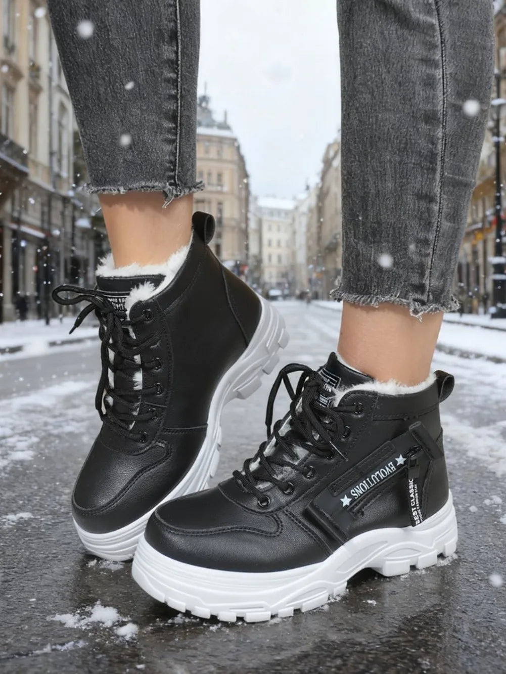 Women's Winter Snow Boots Warm Plush Lined Lace Up Chunky Platform Sneaker Booties Side Zipper Outdoor Walking Shoes for Ladies