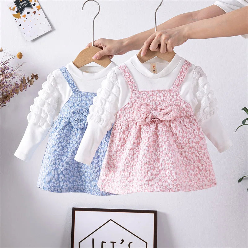 Vestido bonito para bebé de 0 a 2 años, vestido para niña recién nacida, vestido de manga larga con empalme de primavera, vestido bonito con lazo para niña pequeña