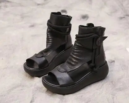 GKTINOO 2026 New Summer Black Women Leather Sandals Cool Boots Platform Shoes Wedges Sandals Women Shoes Fashion Outdoor Sandals