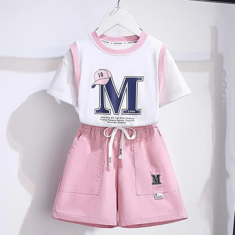 Conjunto de ropa de verano para niñas adolescentes, camisetas y pantalones cortos con letras estampadas, traje de 2 uds., trajes de moda para niños, chándales