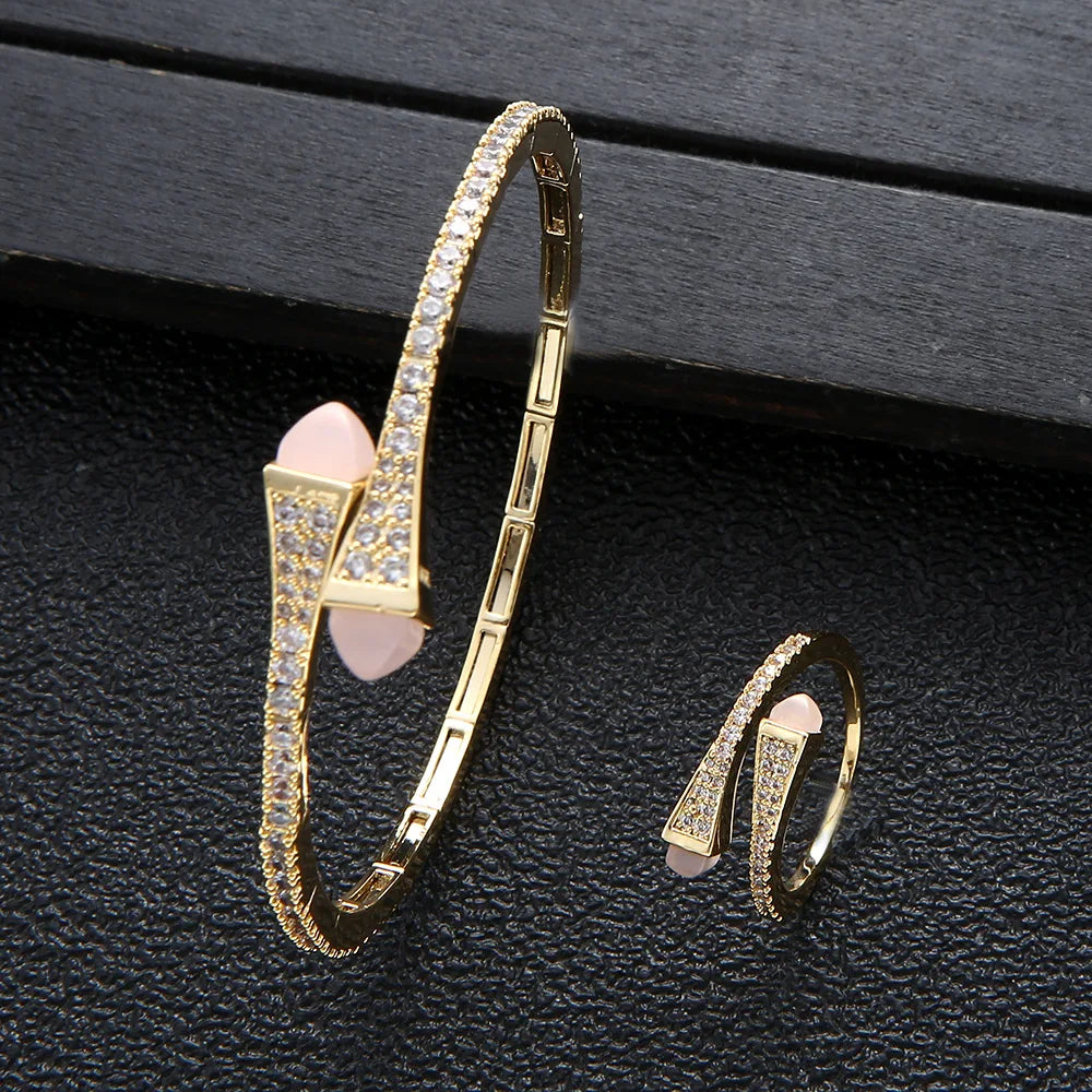 HIBRIDE Trendy Saudi Arabia Bangle Ring Set for Women Bridal Wedding Engagement Jewelry Sets brincos para as mulheres N-971