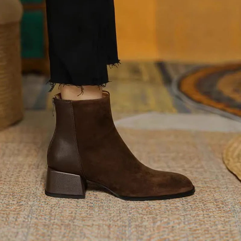 Women's winter boots fashionable round-toe modern leather suede blend ankle boots with zippers on the back, low heel nude boots