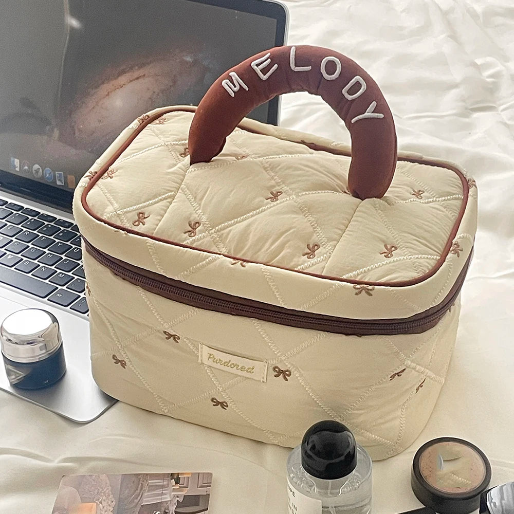 Fashion Brown Bow Cake Women Makeup Zipper Bag Large Capacity Tote Organizer Toiletry Cosmetic Pouch Ladies Make Up Handbag
