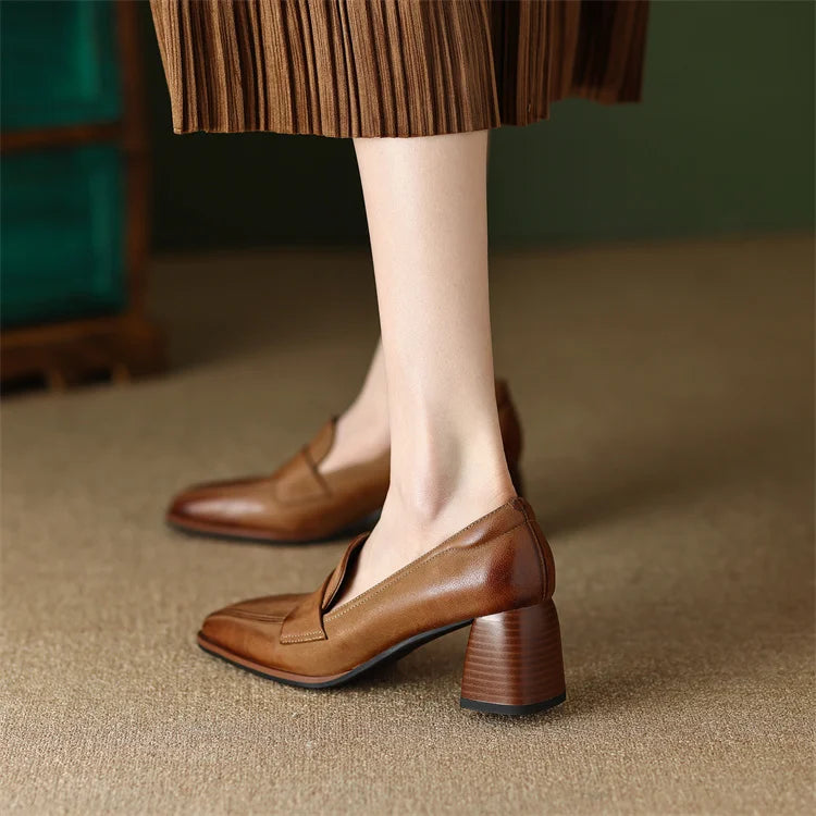 2024 Spring New GENUINE LEATHER Women Shoes LEISURE Women Slip-On Shallow Pumps Square Toe Heels Shoes Women Zapatos De Mujer