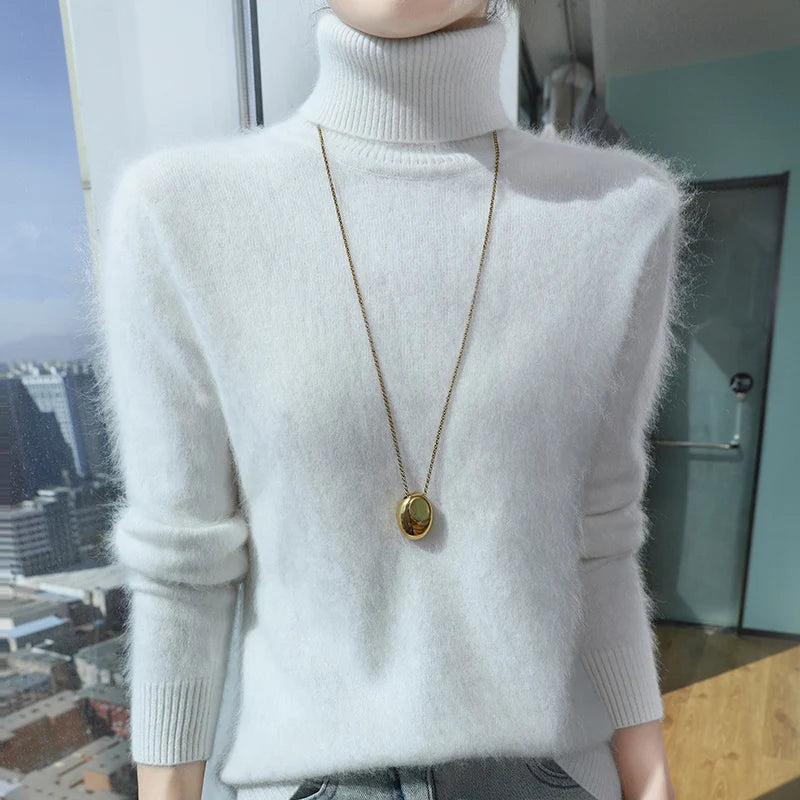 100% Mink Cashmere Top-Lapel Women Sweater Long-sleeves Fashion High-elasticity Sexy Winter Knitted Pullover Girl Tops 2024