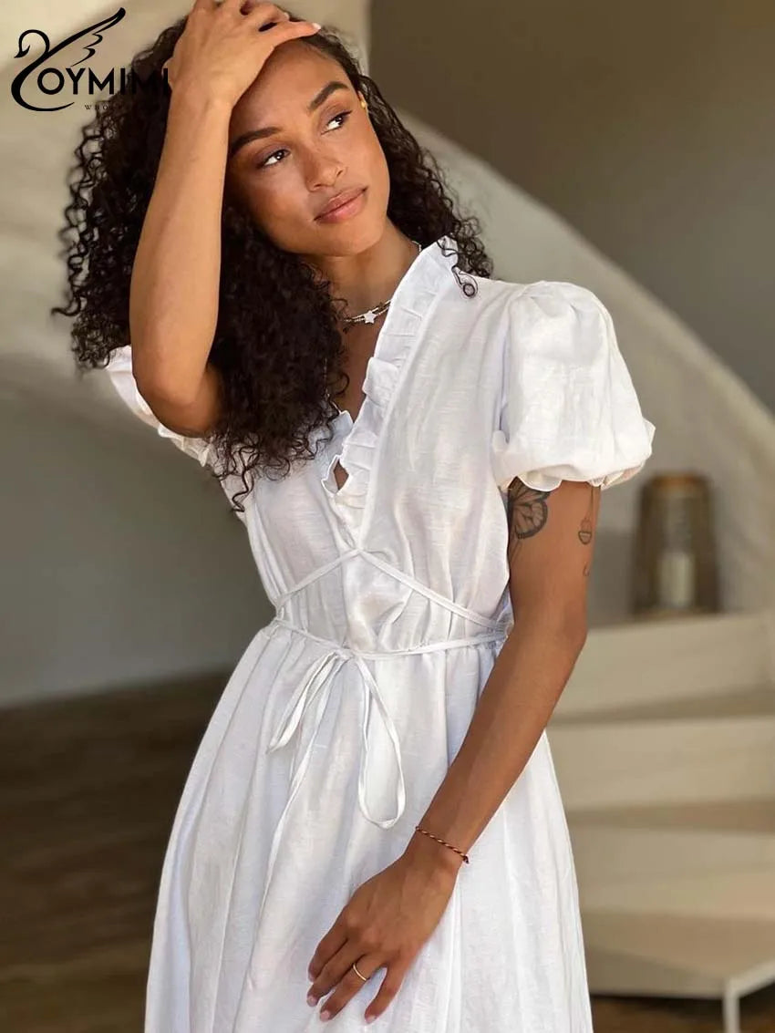 Oymimi Elegant White Cotton Womens Dresses Fashion Short Sleeve V-Neck Lace-Up Dresses Summer Loose Ankle-Length Dress Female