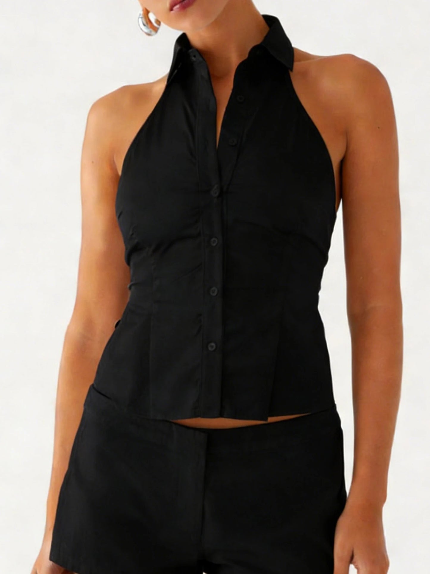 Women Button up Halter Tops Summer Trendy Lapel Tie up Backless Shirts for Streetwear Aesthetic Grunge Clothes