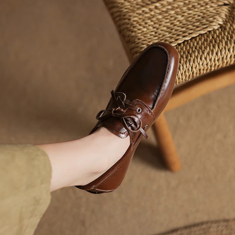2026 New Spring Genuine Leather Women Shoes Round Toe Women Flats Shoes for Women Retro Lace Up Loafers Fashion Ladies Shoes