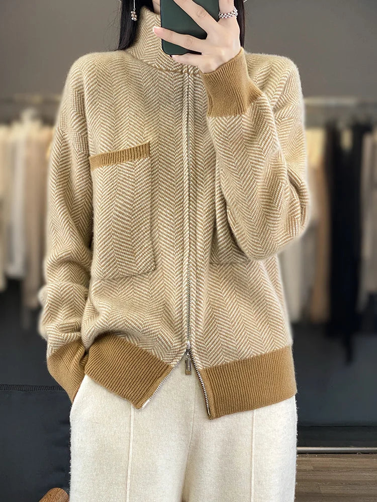 100% Merino Wool Women Sweater Casual Turtleneck Fancy Yard Cardigan Female Knitwear Long Sleeve Cashmere Overcoat Clothing Tops
