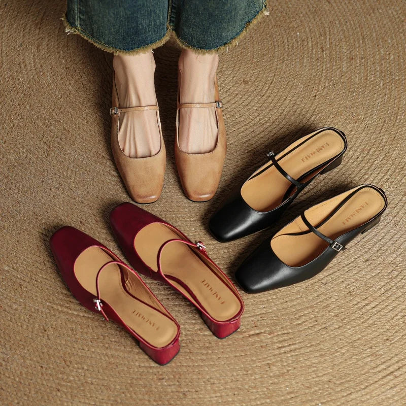 2026 New Summer Women Mules Genuine Leather Women Shoes Squared Toe med Heel Cover Toe Slingback Shallow Modern Slippers