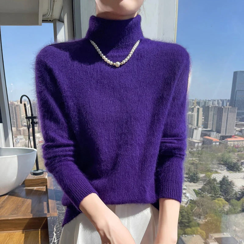 100% Mink Cashmere Top-Lapel Women Sweater Long-sleeves Fashion High-elasticity Sexy Winter Knitted Pullover Girl Tops 2024