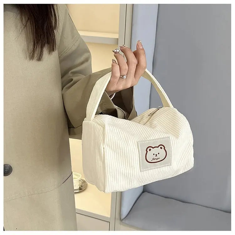 Bear Large Makeup Bag for Women Corduroy Cosmetic bag Make up Bags Zipper Pouch with handle Cosmetic Organizer Toiletry Bag