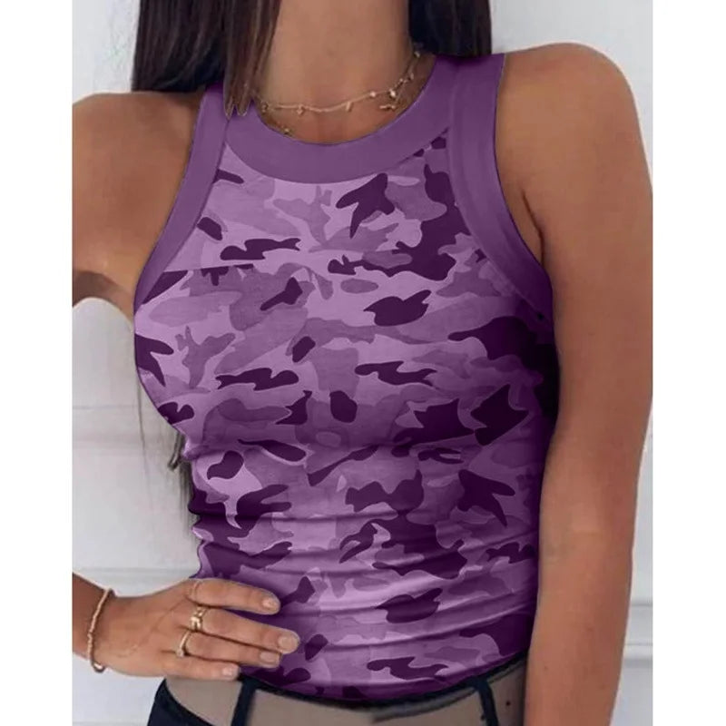 Women's Clothing Tops Tanks Camis Digital Printed Round Neck I-Shaped Vest Sexy Summer Striped Sleeveless Vest for Women Vests