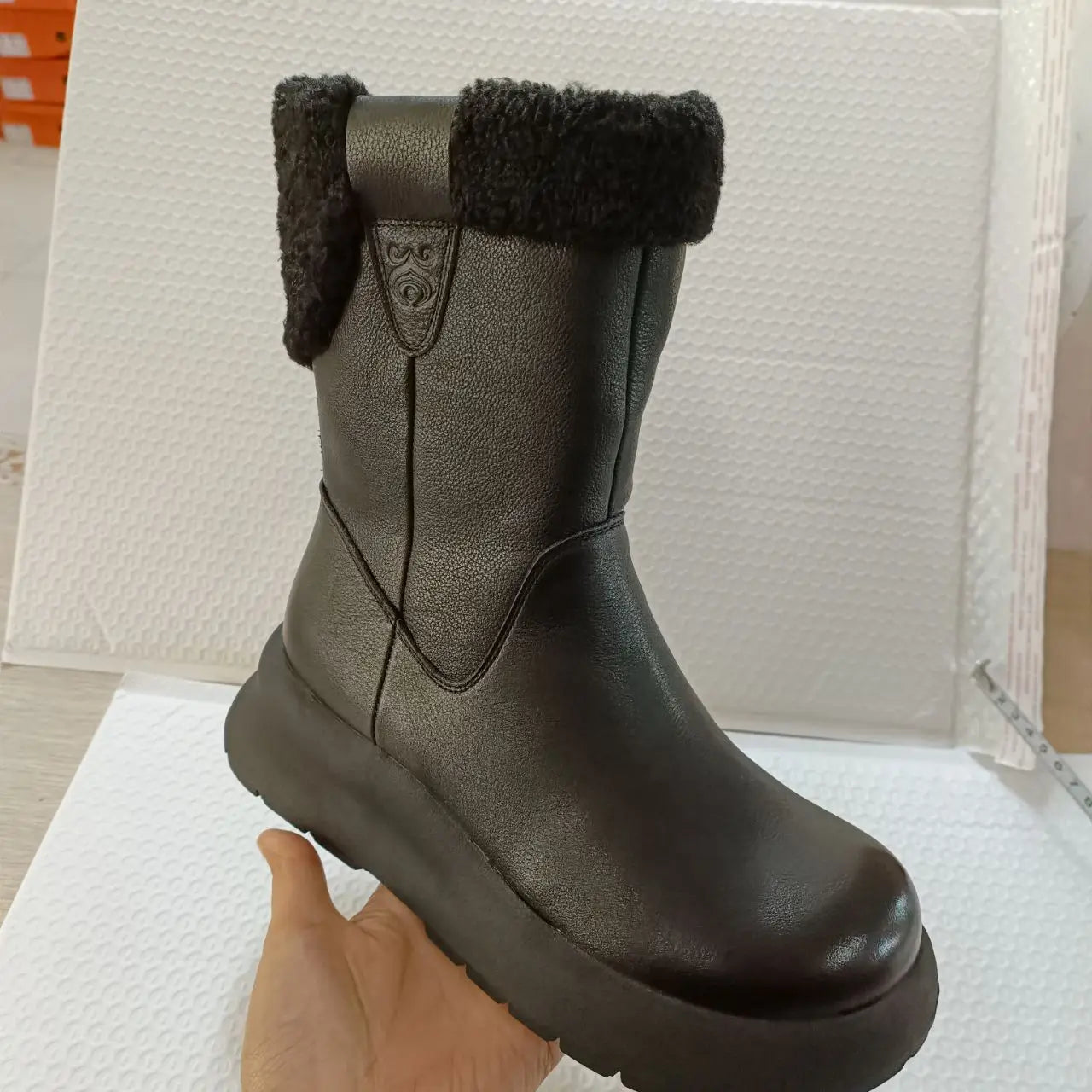 Koznoy 5cm Natural Genuine Leather Chunky Cow Spring Rubber Ankle Boots Soft Soled Winter Plush Flats Booties Autumn Women Shoes