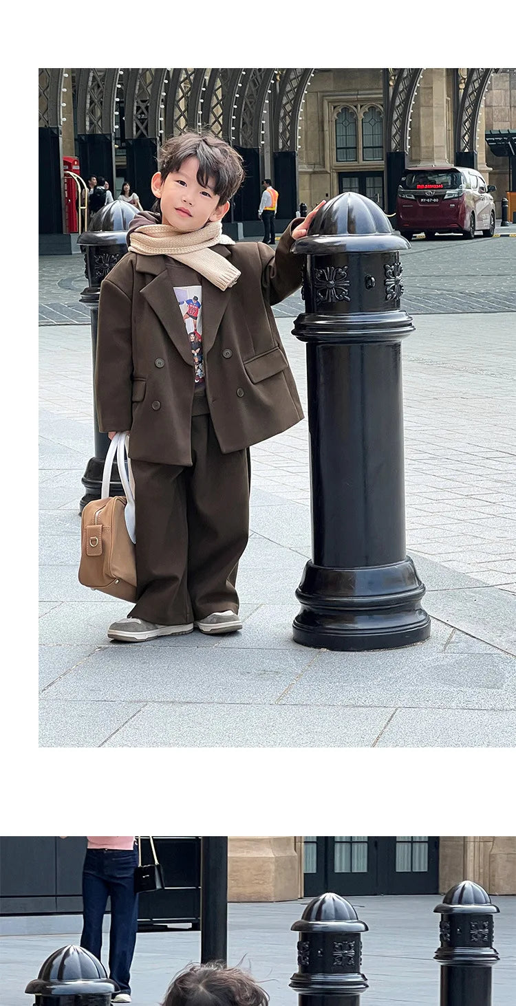 Boys Woolen Suit Set Autumn Winter Thicken Warm Casual Blazers Trousers Two-piece Children White Wedding Outfits 2 To 12 Years