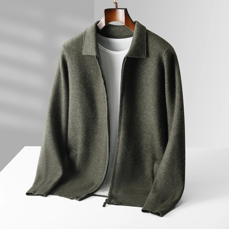 Men's Cardigan 100% Pure Cashmere Jacket Zippered Lapel Knit Sweater, Loose Thickened Long Sleeved Business Casual Autumn Winter
