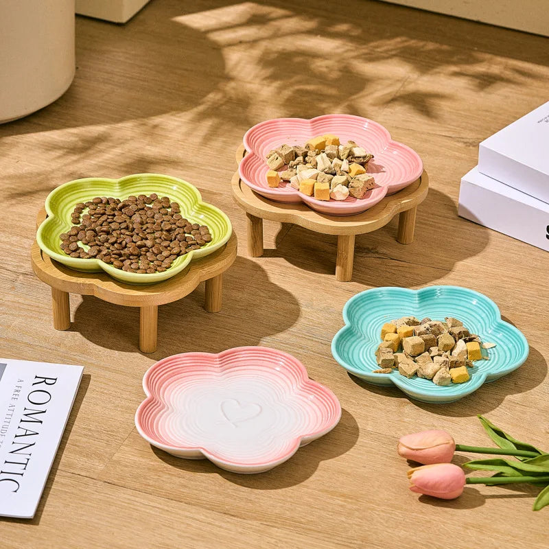 High Aesthetic Ceramic Pet Bowl with Wood Stand, Shallow Dish for Cat Snacks, Cute Bow Knot Pattern, Cat Food Dish,Home Kitchen