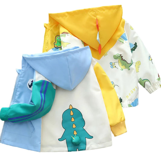 1 2 3 4 5 6 Years Boys Coats Patchwork Cartoon Dinosaur Pattern Hooded Windbreaker Leisure Overcoat For Kids Birthday Present