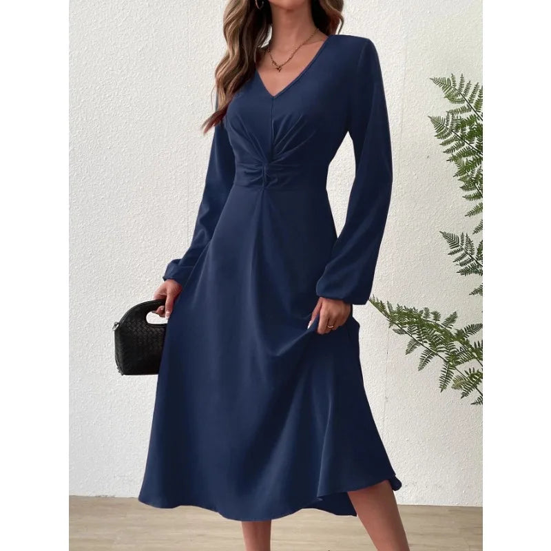 European American Fashion Spring Summer Fashion V-neck Lantern Long-sleeved Skirt Twisted Edge Elegant Mid-length Dress
