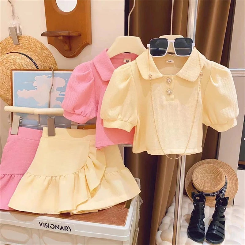 Girls Clothes Sets Summer Lapel Shirt+Shorts Short Sleeve Tops Children Casual Clothing Suits Toddler Girl Clothes 2Pcs 2-7Yrs